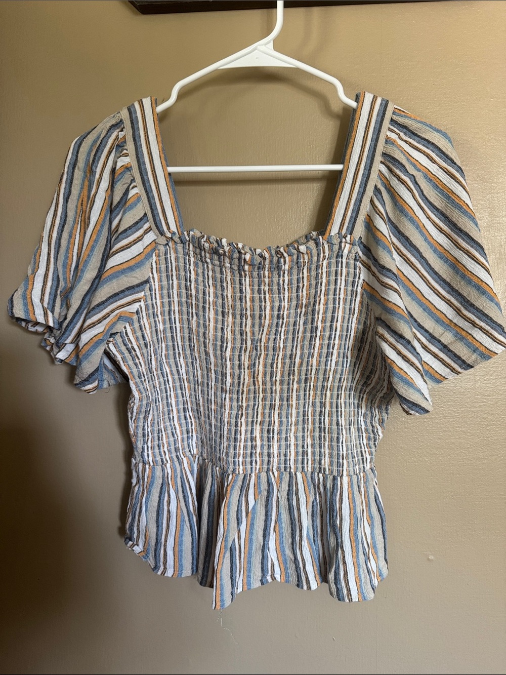 Angie Striped Smocked Peplum Top - Blue & Tan